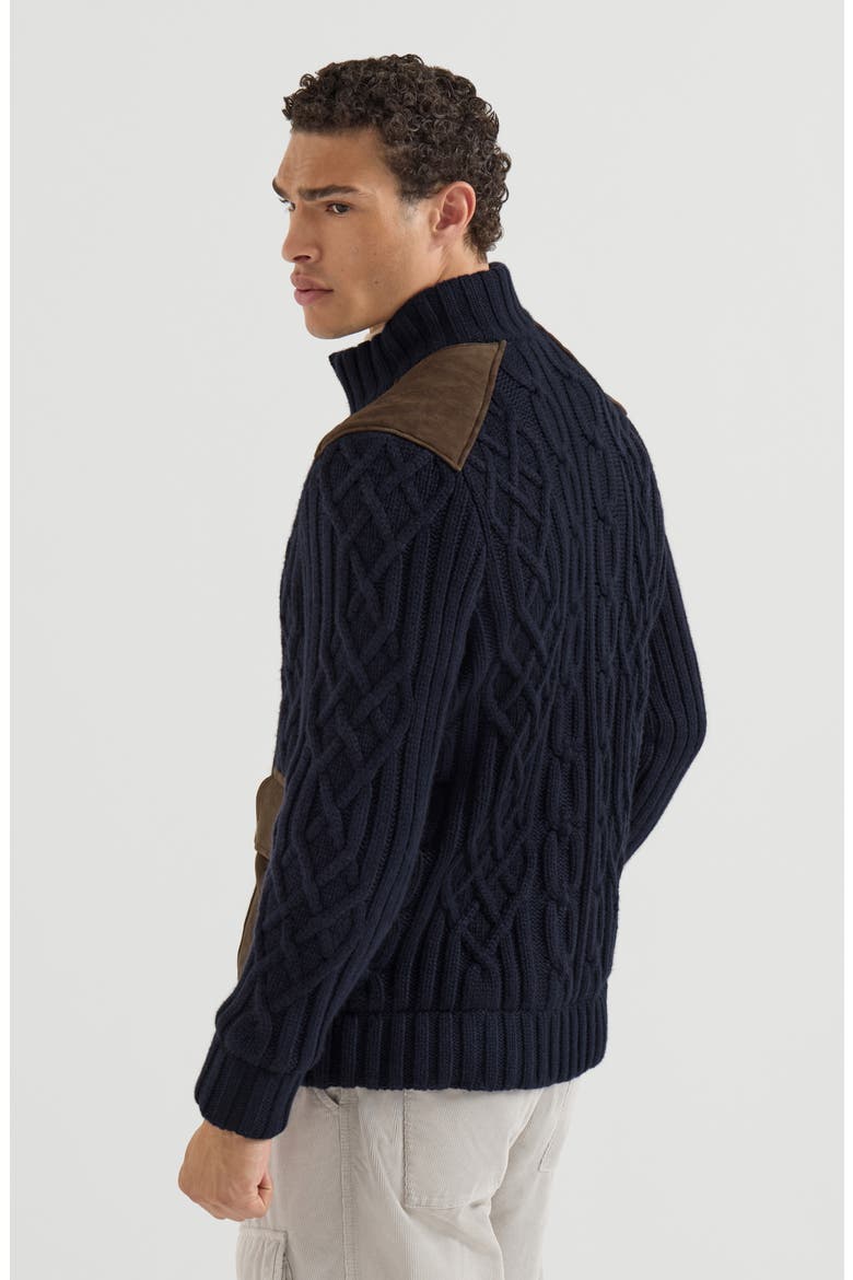 Cable knit cardigan in cashmere Feather yarn with suede inserts and zipper, Alternate, color, Navy Blue