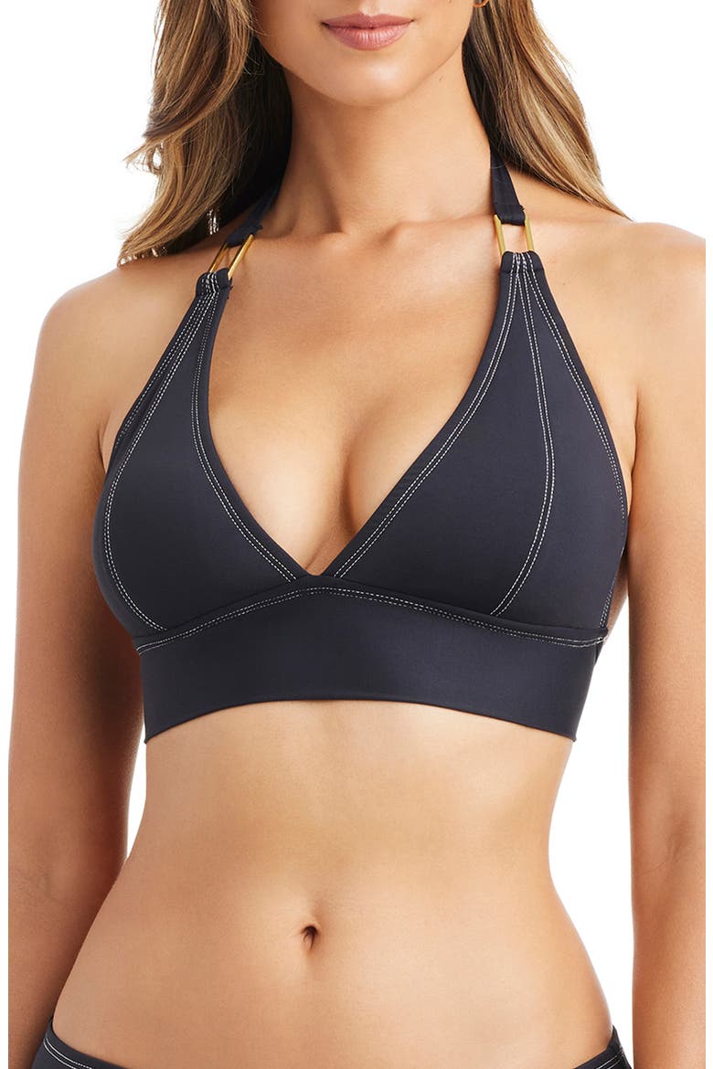 Contrast Stitch Halter Bikini Top, Main, color, BLACK
