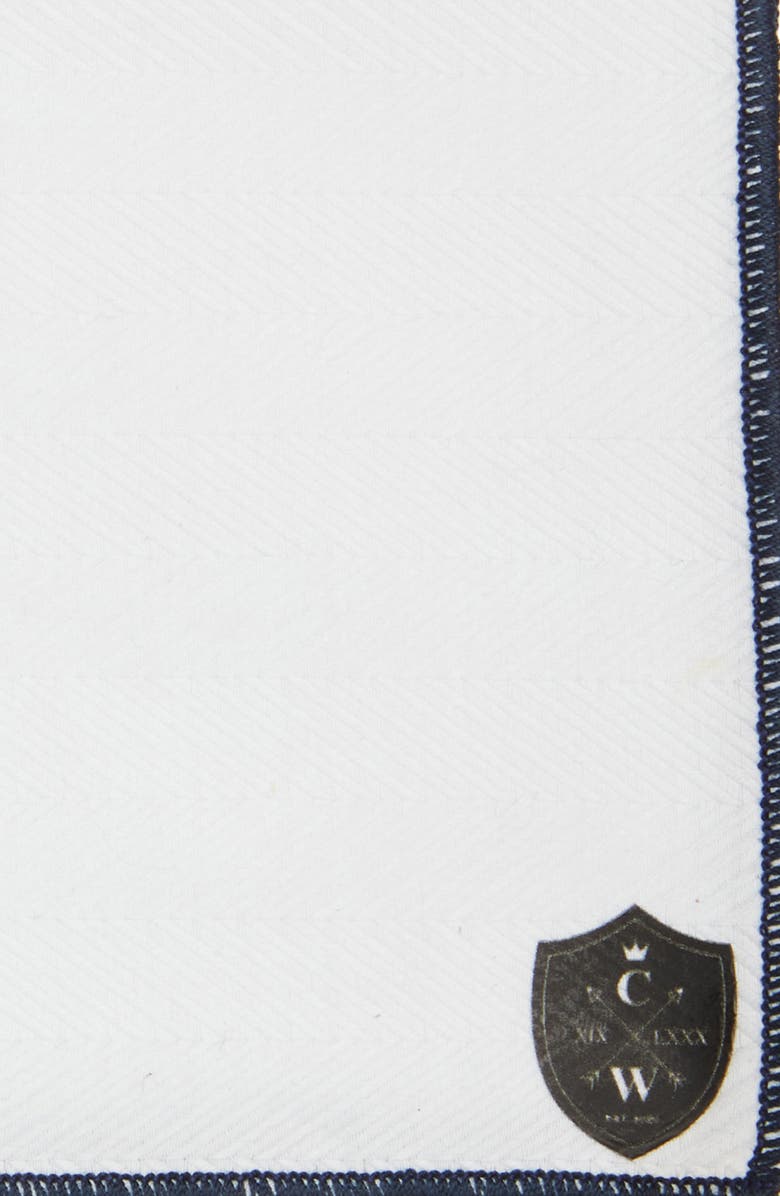 CLIFTON WILSON White Cotton Herringbone Pocket Square with Navy Trim, Alternate, color, White/Navy