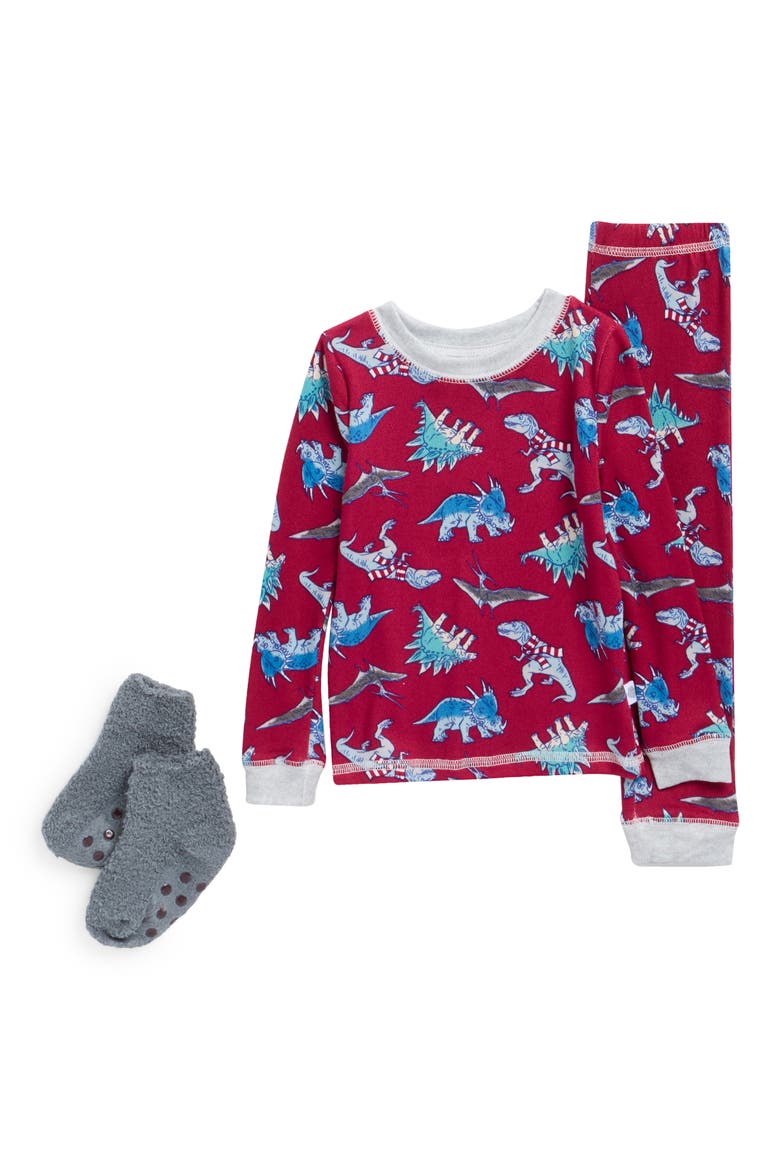 Kids' Dino Snug Fit Pajamas & Socks Set, Main, color, BURGUNDY