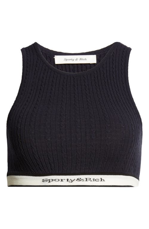 Sporty And Rich Sporty & Rich Serif Logo Cable Stitch Crop Sweater Tank In Navy