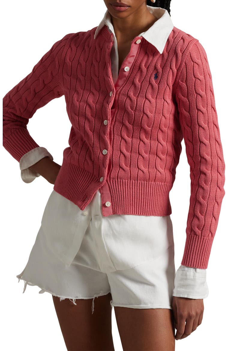 Cable Knit Cotton Crewneck Cardigan, Main, color, RED SKY