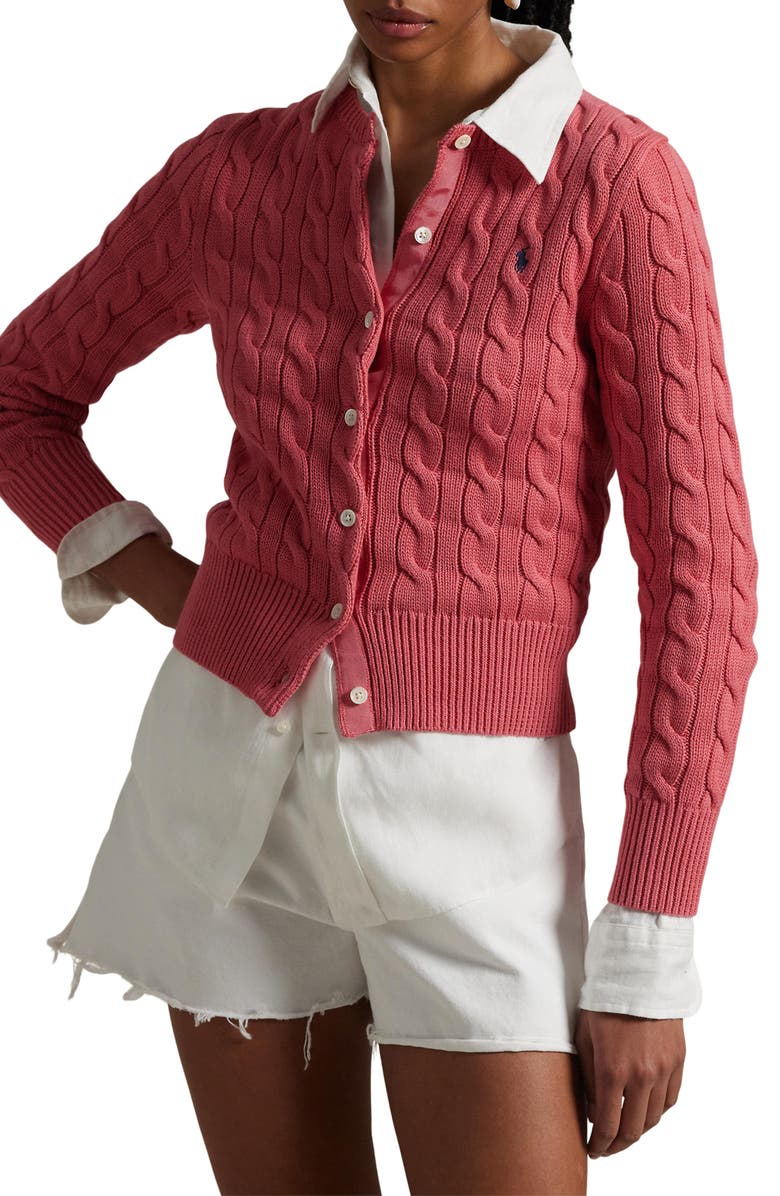 Polo Ralph Lauren Cable Knit Cotton Crewneck Cardigan, Main, color, 