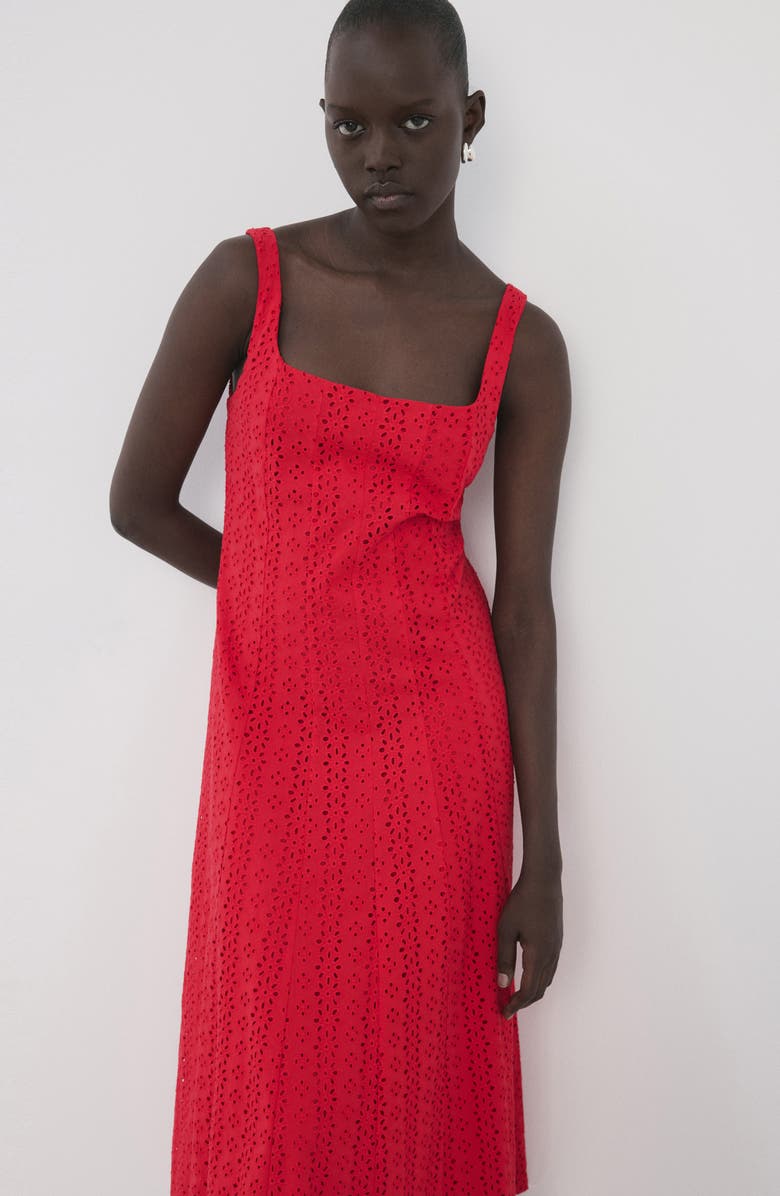MANGO Square Neck Cotton Eyelet Dress, Alternate, color, Red