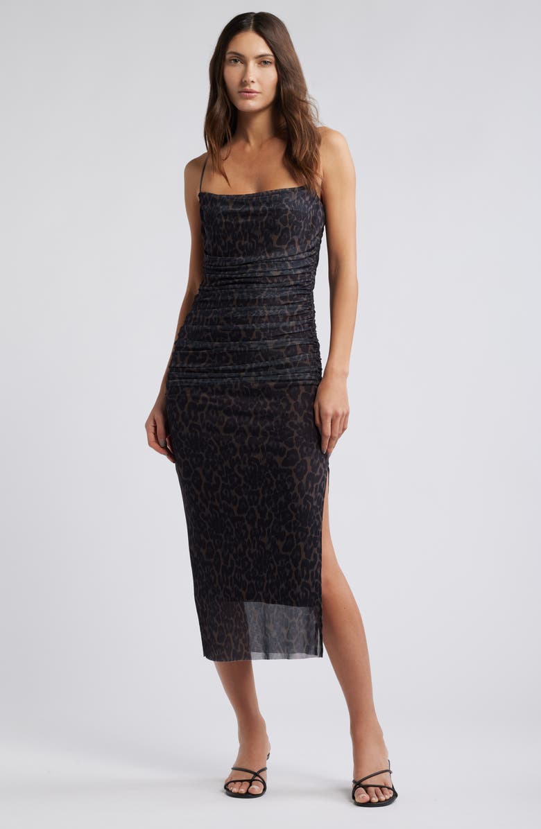 Open Edit Shirred Mesh Midi Dress, Main, color, Brown- Black Elegant Leopard