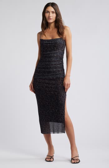 Open Edit Shirred Mesh Midi Dress