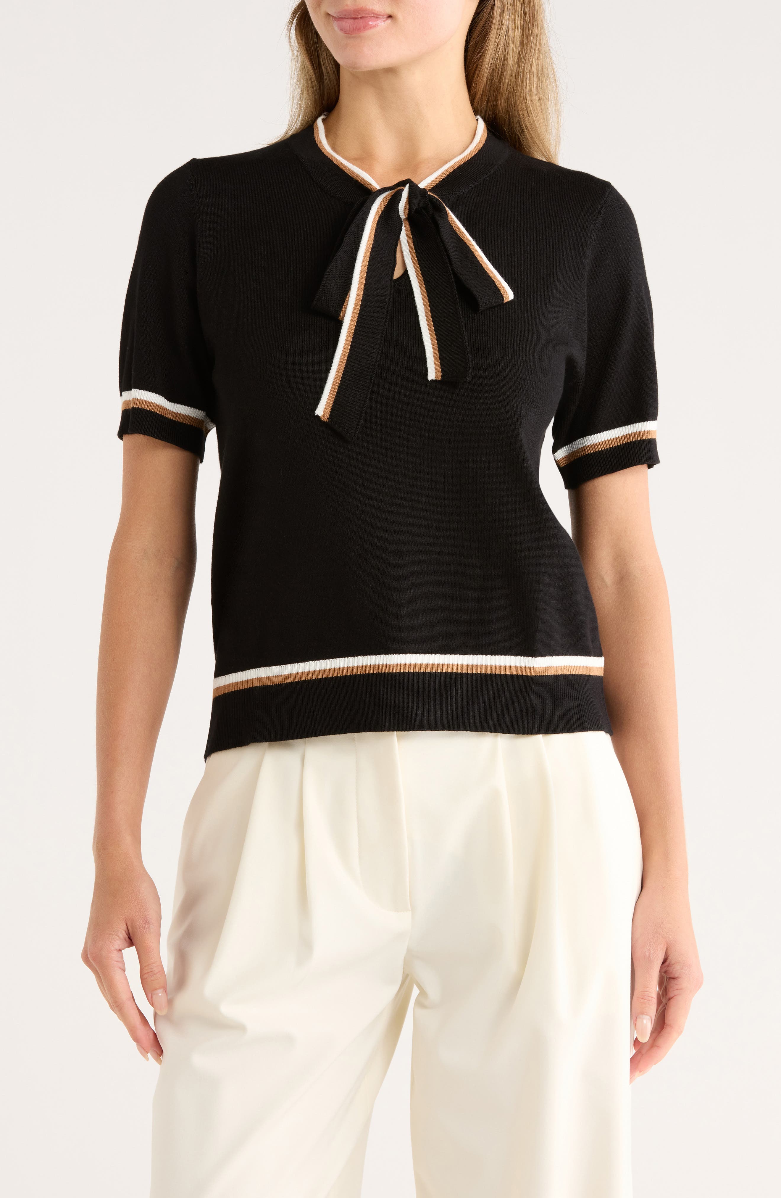 Adrianna Papell Double Tipped Tie Neck Sweater