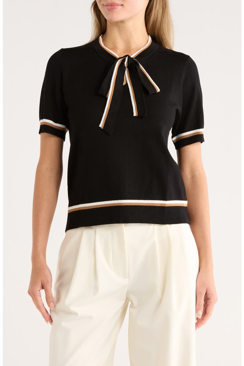 Double Tipped Tie Neck Sweater, Main, color, BLACK/ IVORY/ CAMEL