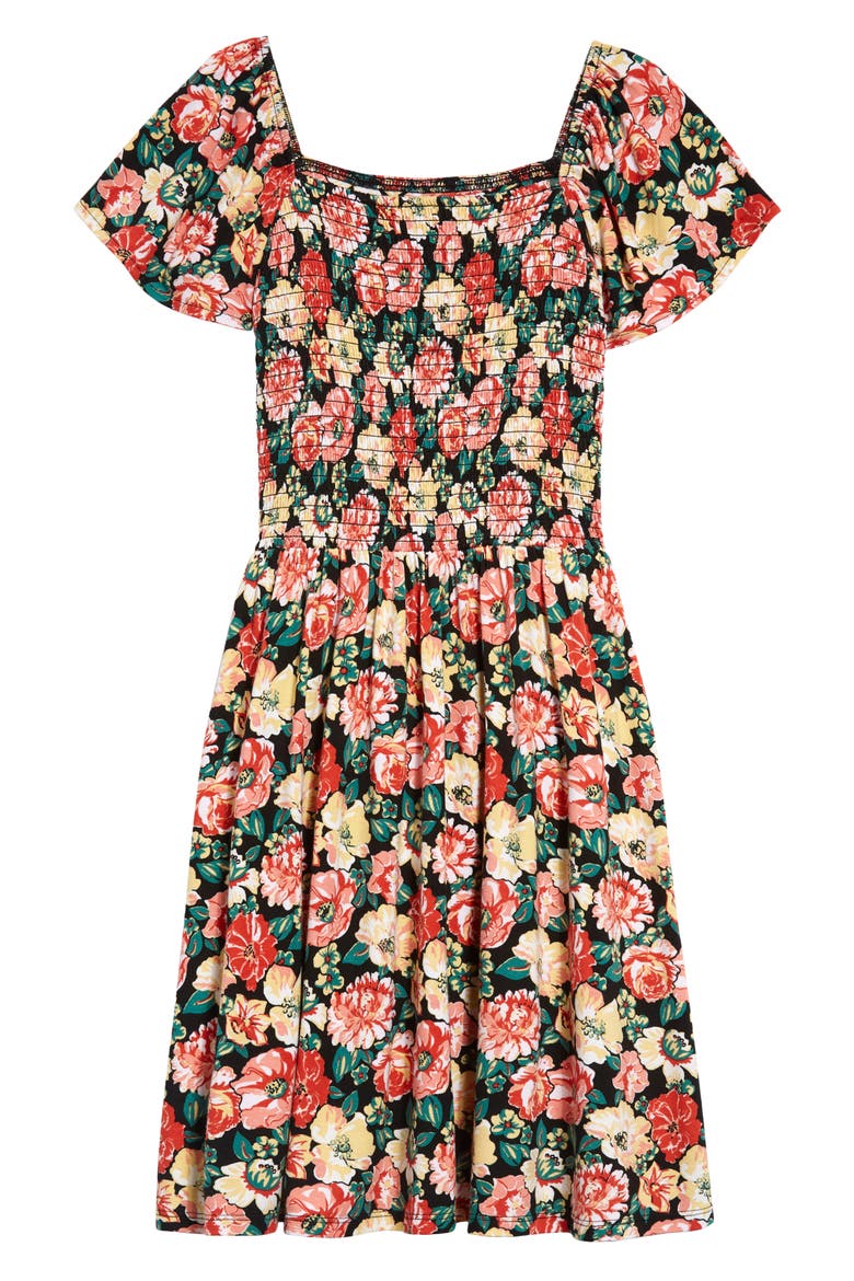 Kids' Sunny Smocked Knit Dress, Main, color, BLACK WILDFLOWER