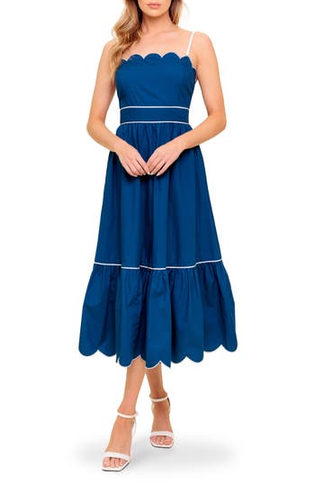 Flying Tomato Two-tone Scalloped Fit & Flare Midi Sundress In Blue