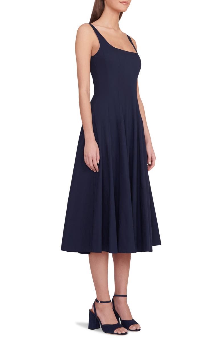 STAUD Wells Stretch Cotton Poplin Midi Fit & Flare Dress, Alternate, color, Navy