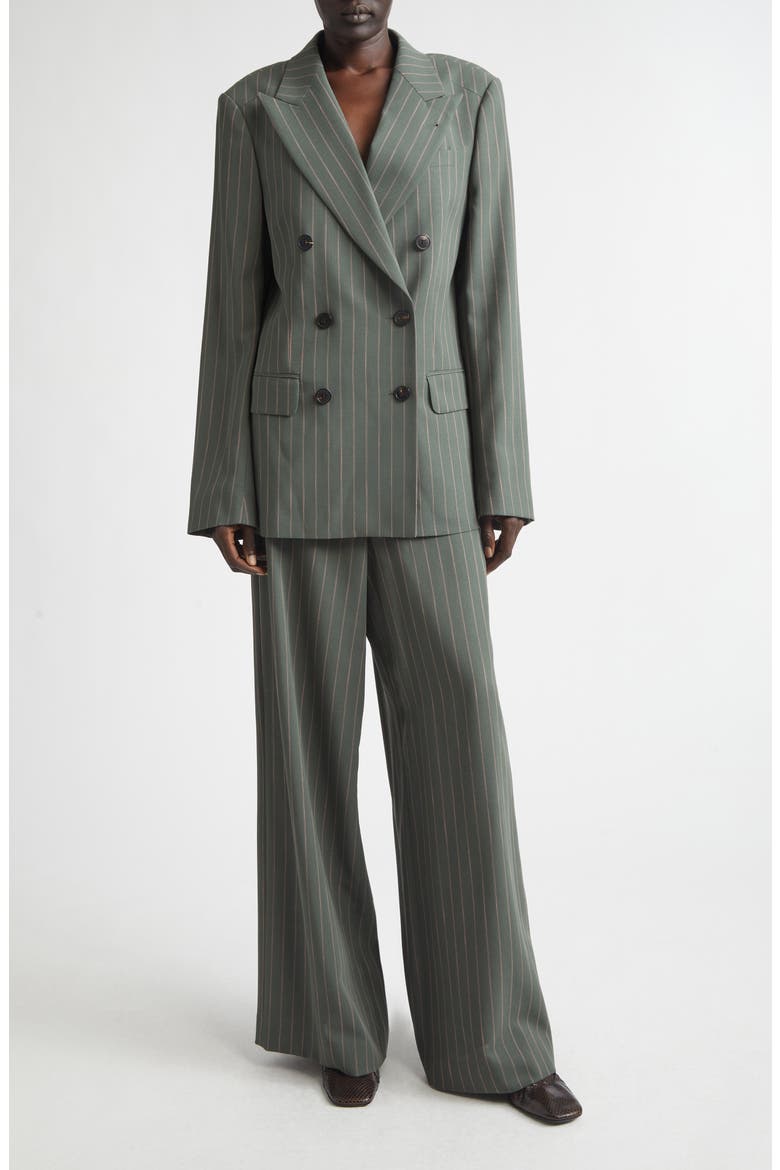 Stripe Wool Crepe Wide Leg Pants, Alternate, color, FOREST