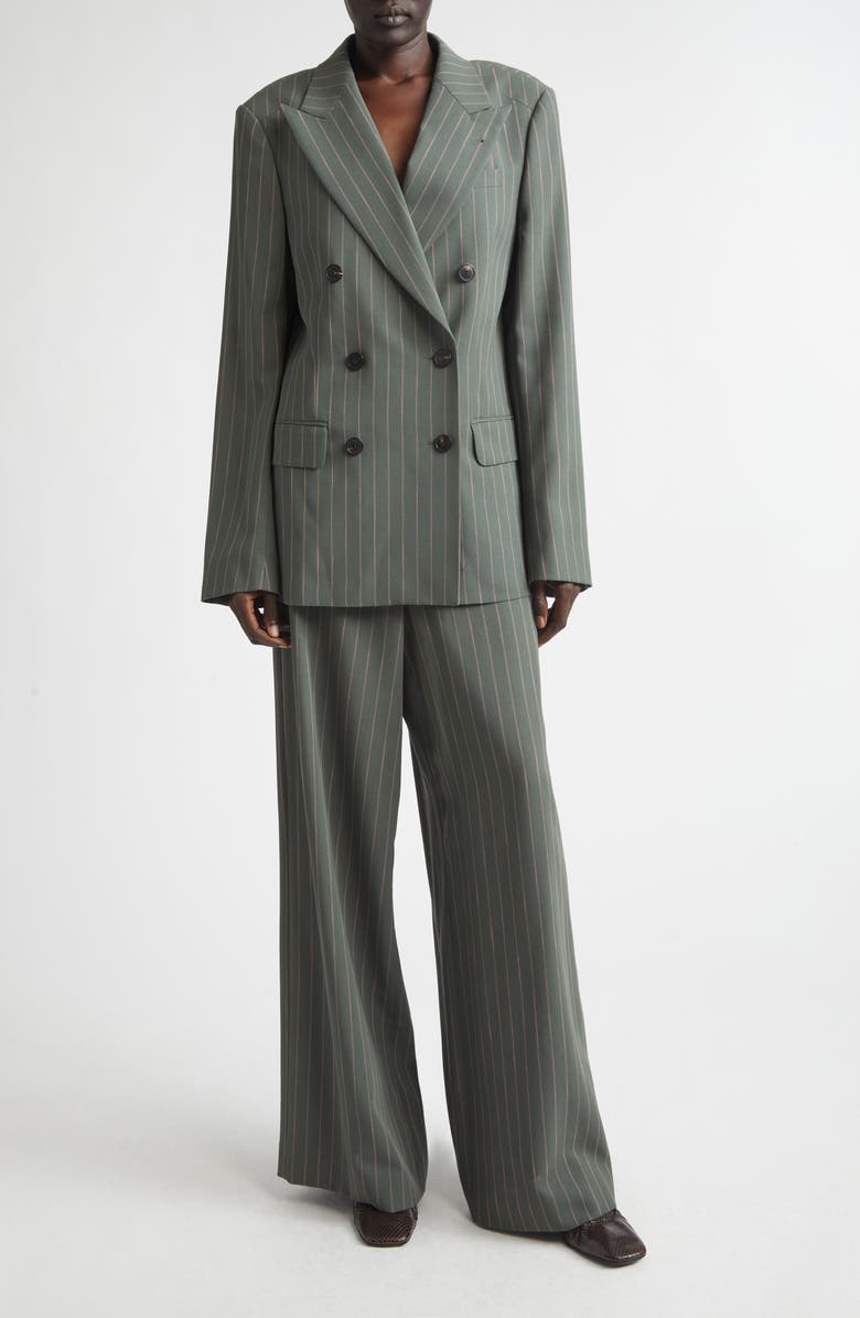 Dries Van Noten Stripe Wool Crepe Wide Leg Pants, Alternate, color, Forest