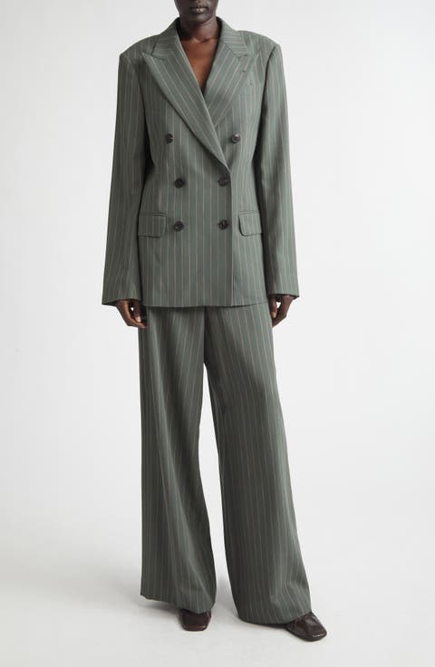 Stripe Wool Crepe Wide Leg Pants