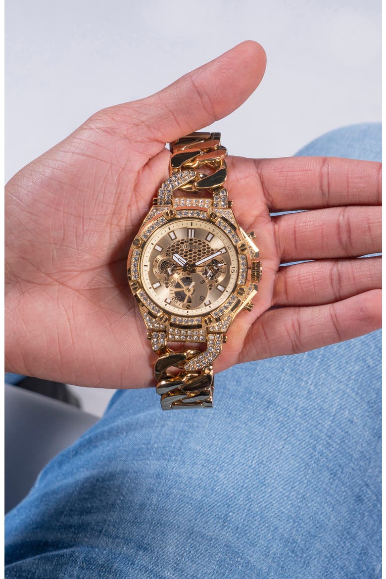 Multifunction Crystal Skeleton Curb Chain Bracelet Watch, 46mm, Alternate, color, GOLD/GOLD/GOLD