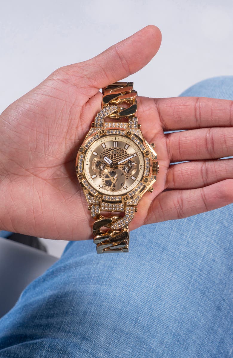GUESS Multifunction Crystal Skeleton Curb Chain Bracelet Watch, 46mm, Alternate, color, 