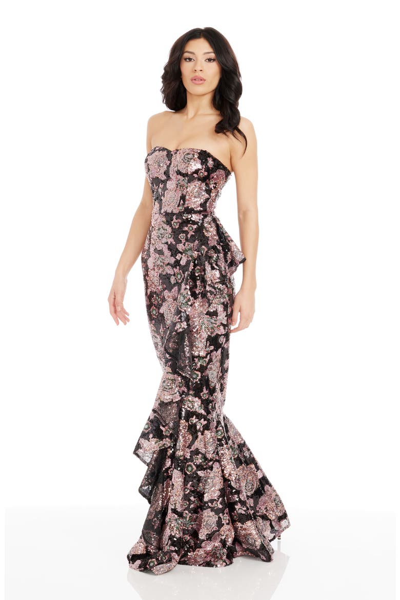 Paris Sequin Ruffle Strapless Gown, Alternate, color, DUSTY ROSE MULTI