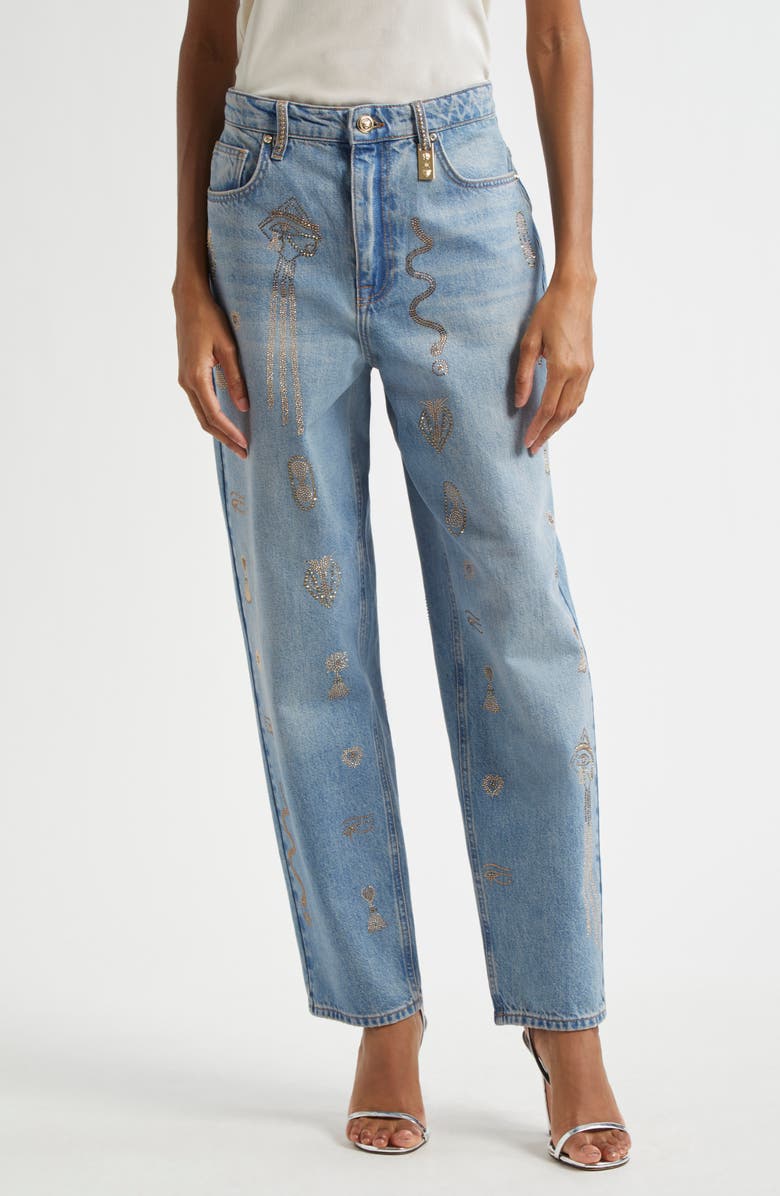 Camilla Crystal Hieroglyph Girlfriend Jeans, Main, color, Denim