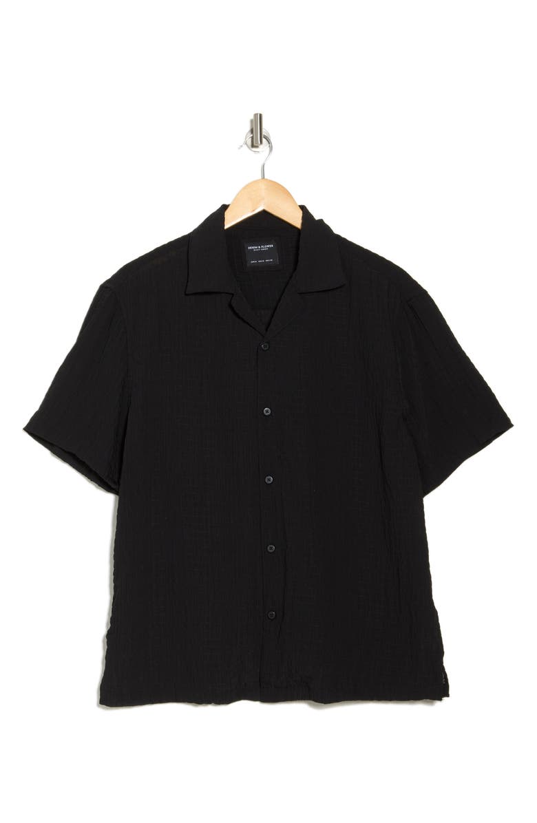 DENIM AND FLOWER Black Gathered Texture Camp Shirt, Alternate, color, Black