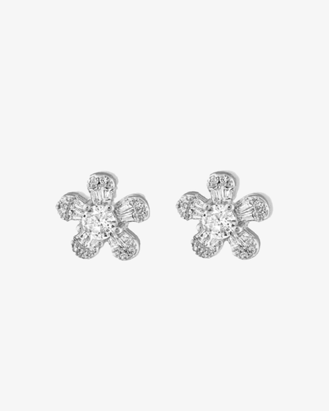 Pave and Baguette CZ Flower Earrings