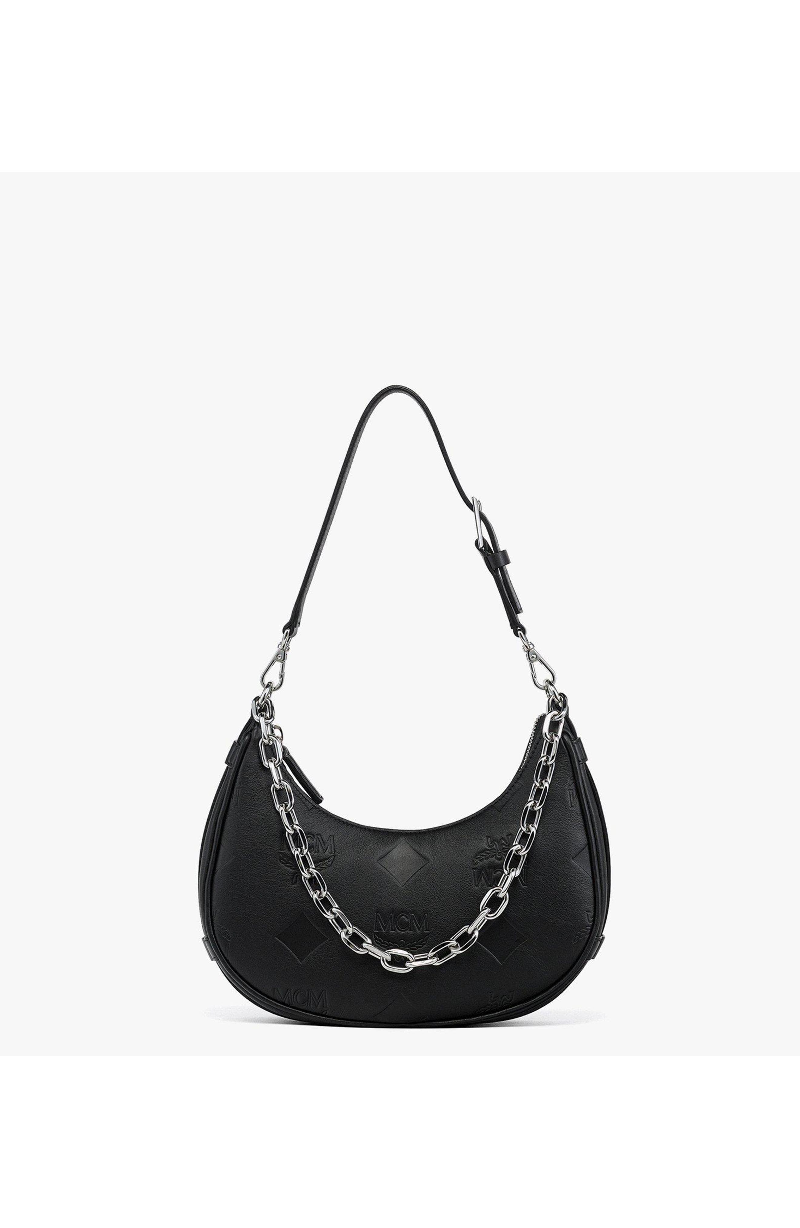 MCM Aren Crescent Hobo Bag in Maxi Monogram Leather, Main, color, Black