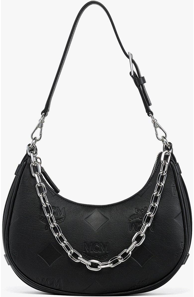 MCM Aren Crescent Hobo Bag in Maxi Monogram Leather, Main, color, Black