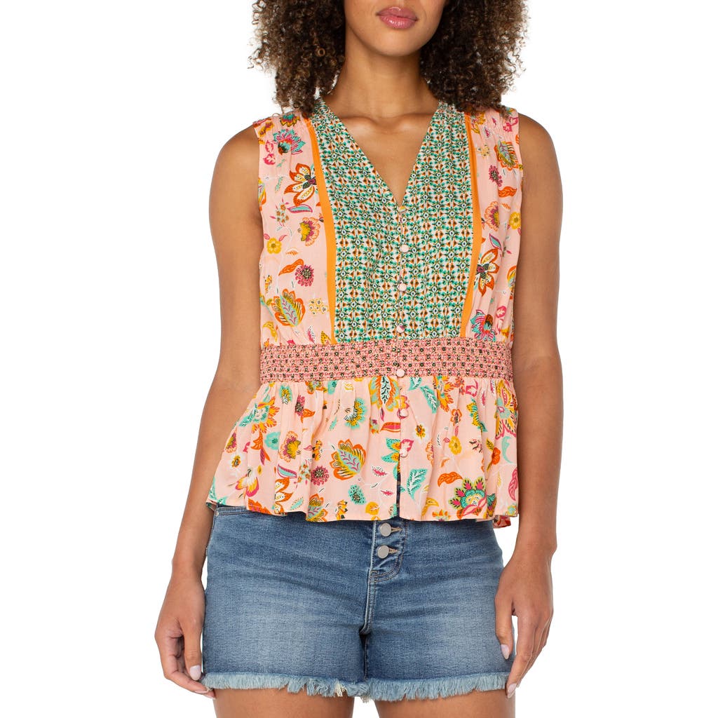 Liverpool Los Angeles Smocked Waist Tank In Pink Green Mlti Flower