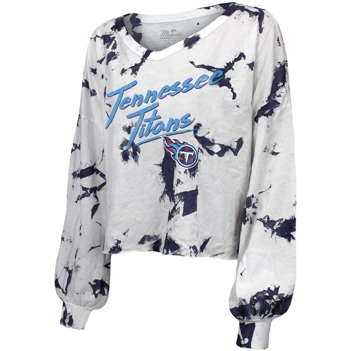 Women's Majestic Threads White/Navy Tennessee Titans Off-Shoulder Tie-Dye V-Neck Long Sleeve T-Shirt - image 2