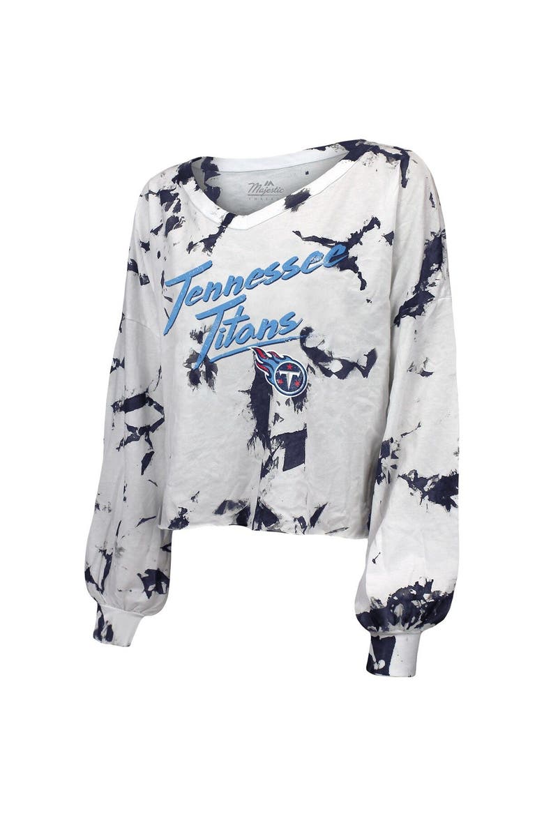 Women's Majestic Threads White/Navy Tennessee Titans Off-Shoulder Tie-Dye V-Neck Long Sleeve T-Shirt, Alternate, color, White