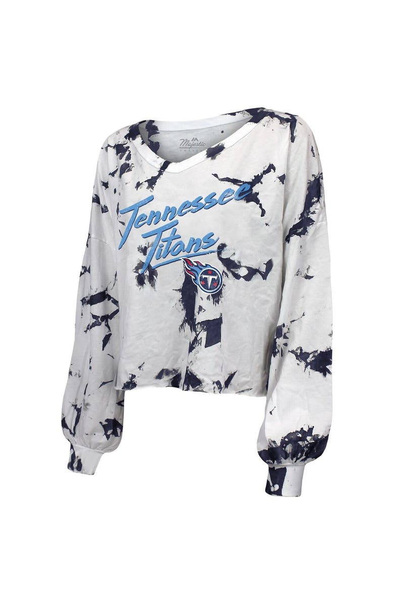 Majestic Threads Women's Majestic Threads White/Navy Tennessee Titans Off-Shoulder Tie-Dye V-Neck Long Sleeve T-Shirt, Alternate, color, White