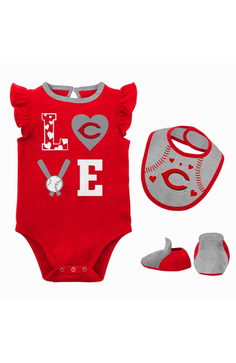 Outerstuff Newborn & Infant Red/Heather Gray Cincinnati Reds Three-Piece Love of Baseball Bib Bodysuit & Booties Set, Main, color, Red
