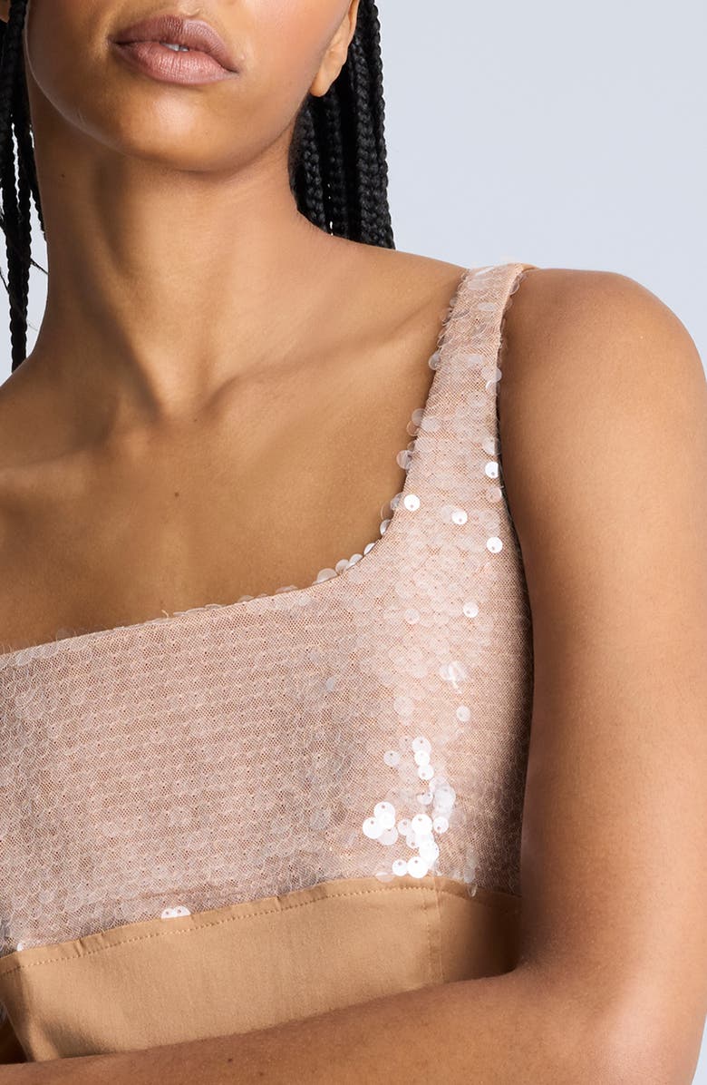 Kenneth Cole Sequin Bodice Open Back Cotton Blend Shift Dress, Alternate, color, Dark Honey