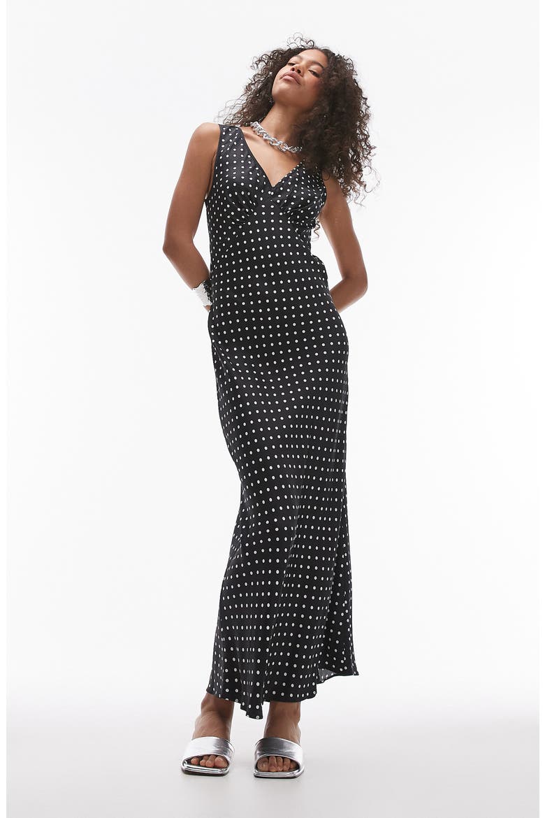 Polka Dot Satin Maxi Dress, Main, color, BLACK