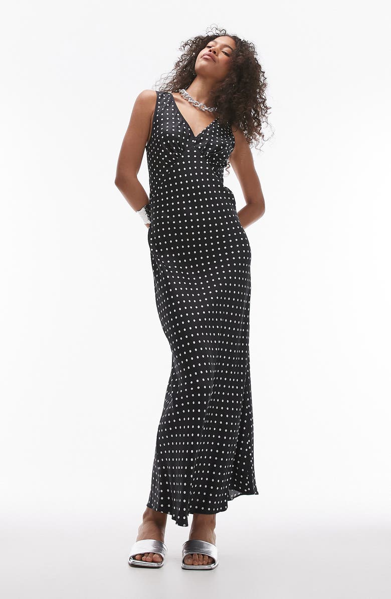 Topshop Polka Dot Satin Maxi Dress, Main, color, 