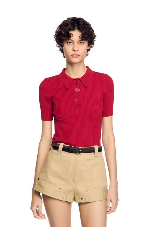 Sandro Rib Knit Polo Shirt In Cherry