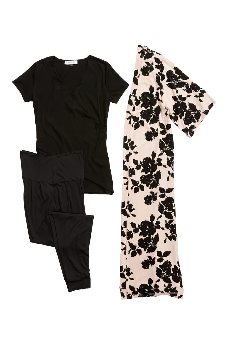 Maternity/Nursing Pajamas & Robe Set, Alternate, color, BLACK/ PINK