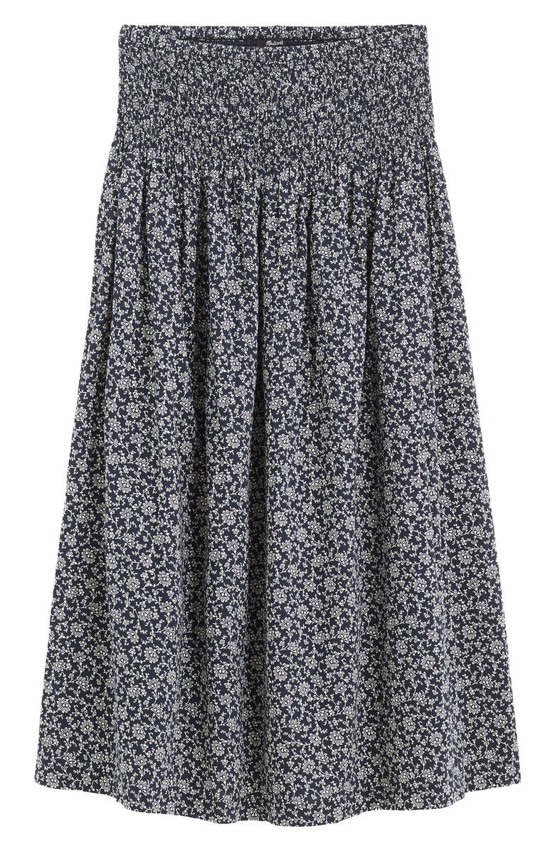 Madewell Floral Smocked Waist Midi Skirt, Alternate, color, Classic Navy