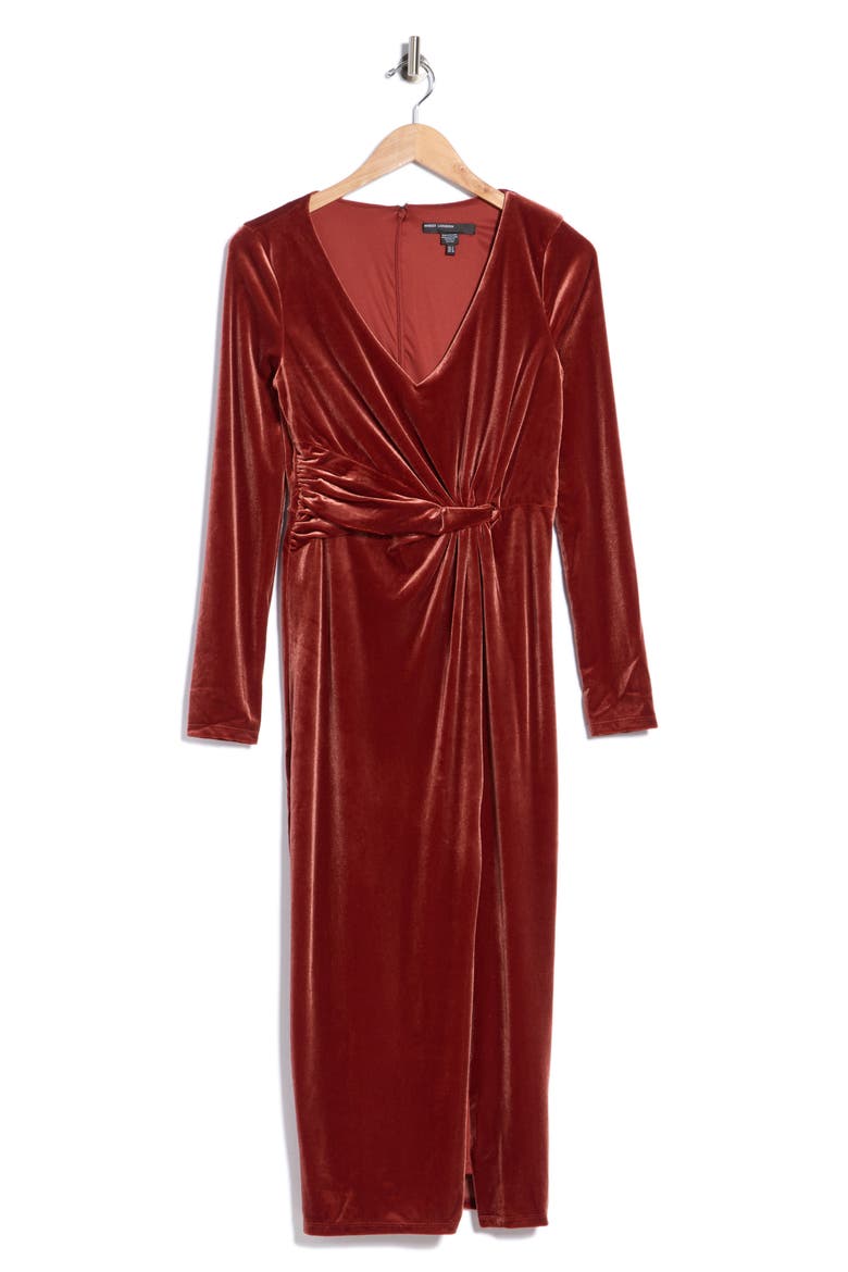 Long Sleeve Velvet Midi Dress, Main, color, FIRED BRICK