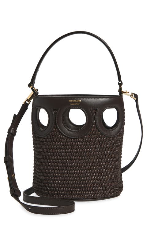 Mini Gancio Outline Raffia Bucket Bag