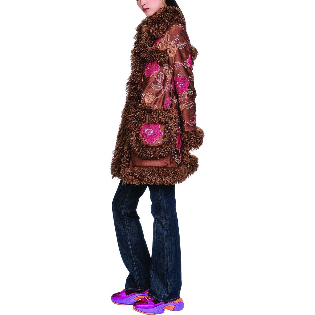 Anna Sui Poiret Rose Embroidered Faux Suede Faux Fur Trim Coat In Multi