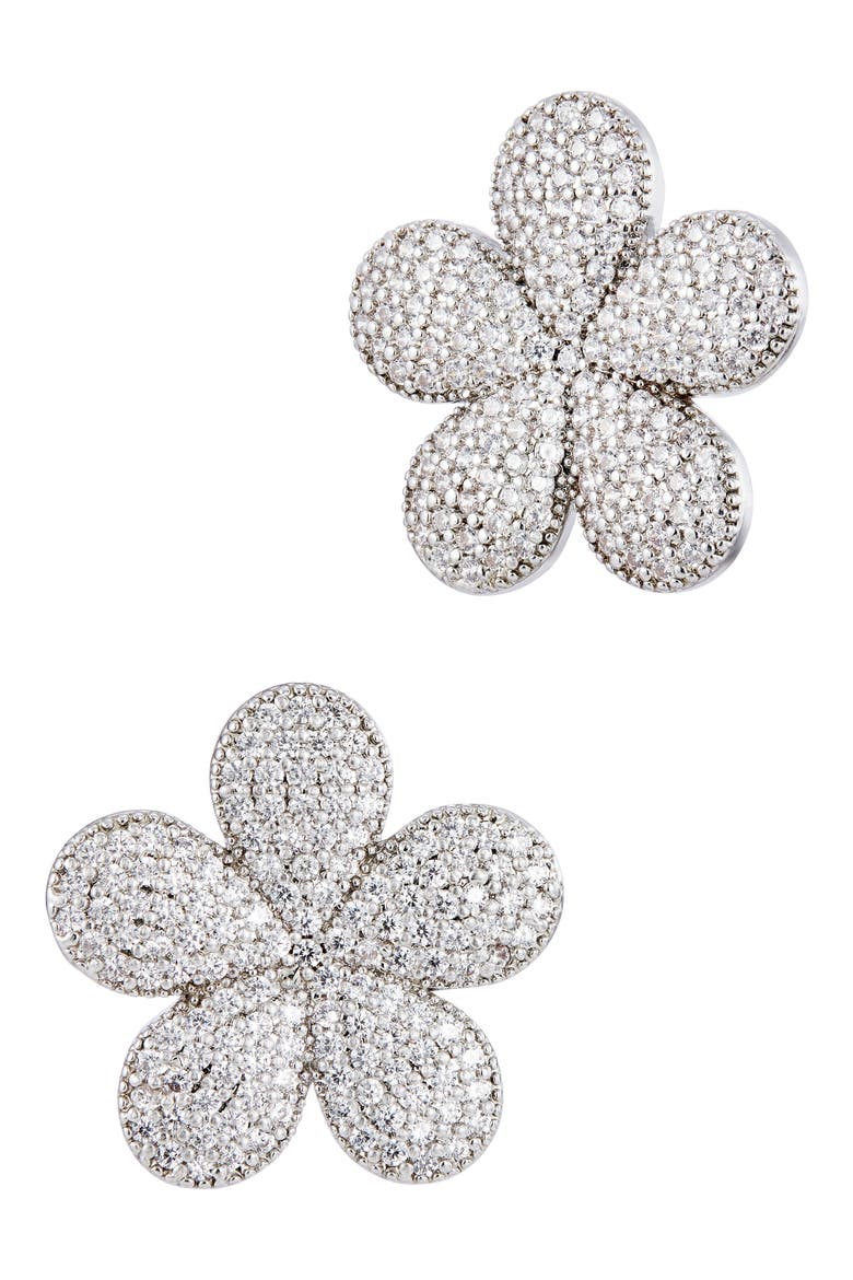 Pavéd Flower Stud Earrings, Main, color, WHITE