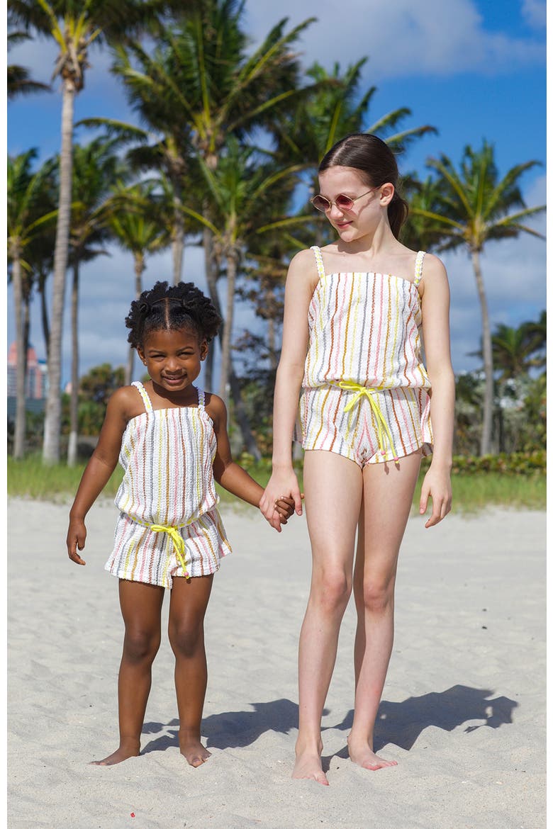 Vibrant Vertical Stripe Beach Romper with Braided Yellow Cord and Cinch Waist, Alternate, color, Beige