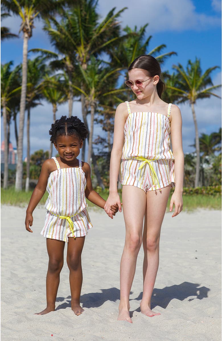NESSI BYRD Vibrant Vertical Stripe Beach Romper with Braided Yellow Cord and Cinch Waist, Alternate, color, Beige