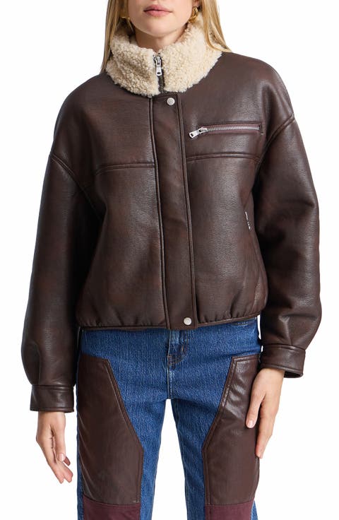 Faux Leather & Faux Shearling Cropped Jacket