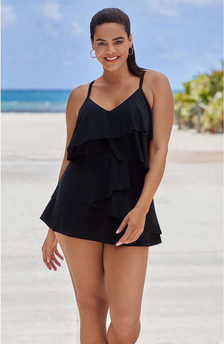 Trimshaper Emilia Asymmetrical Tiered Swimdress, Alternate, color, Black