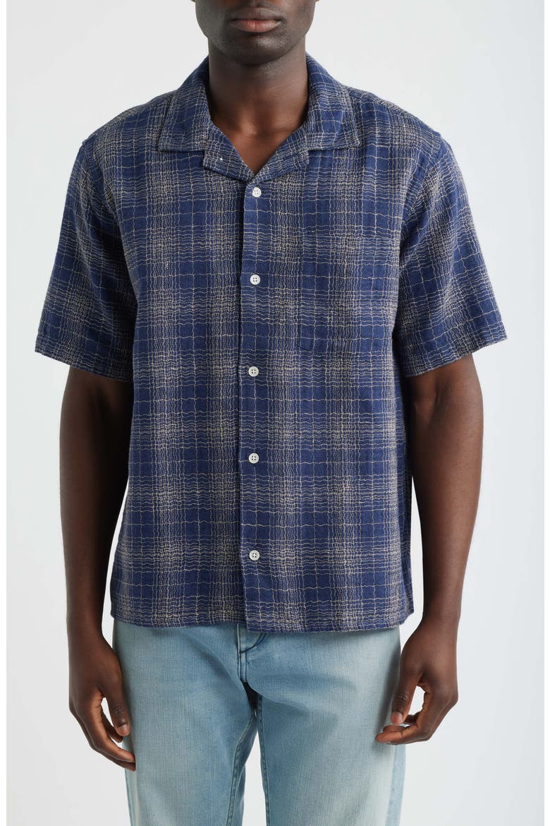 Wavy Plaid Short Sleeve Cotton & Linen Camp Shirt, Main, color, NAVY