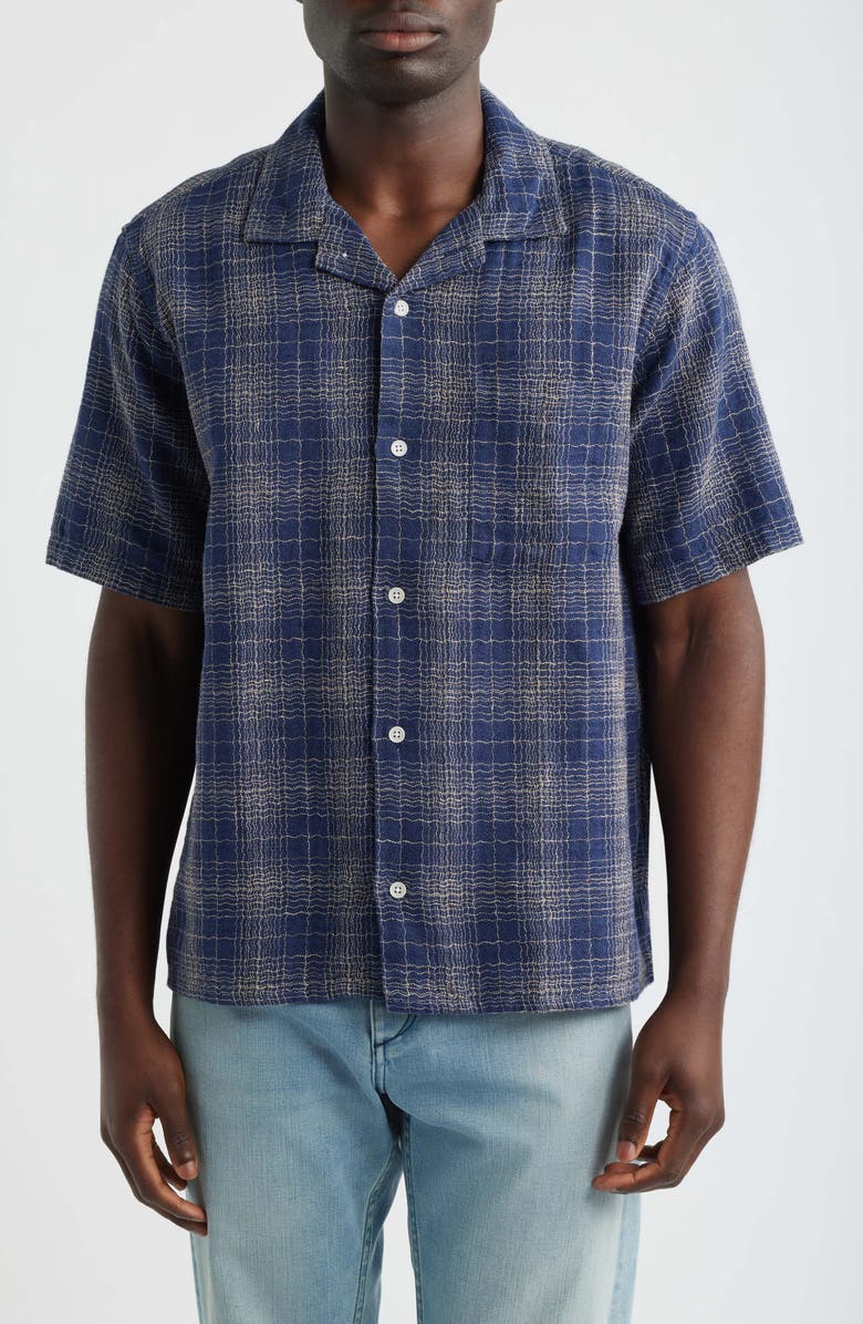 Corridor Wavy Plaid Short Sleeve Cotton & Linen Camp Shirt, Main, color, Navy