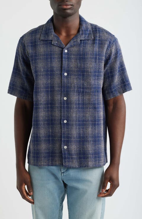 Wavy Plaid Short Sleeve Cotton & Linen Camp Shirt