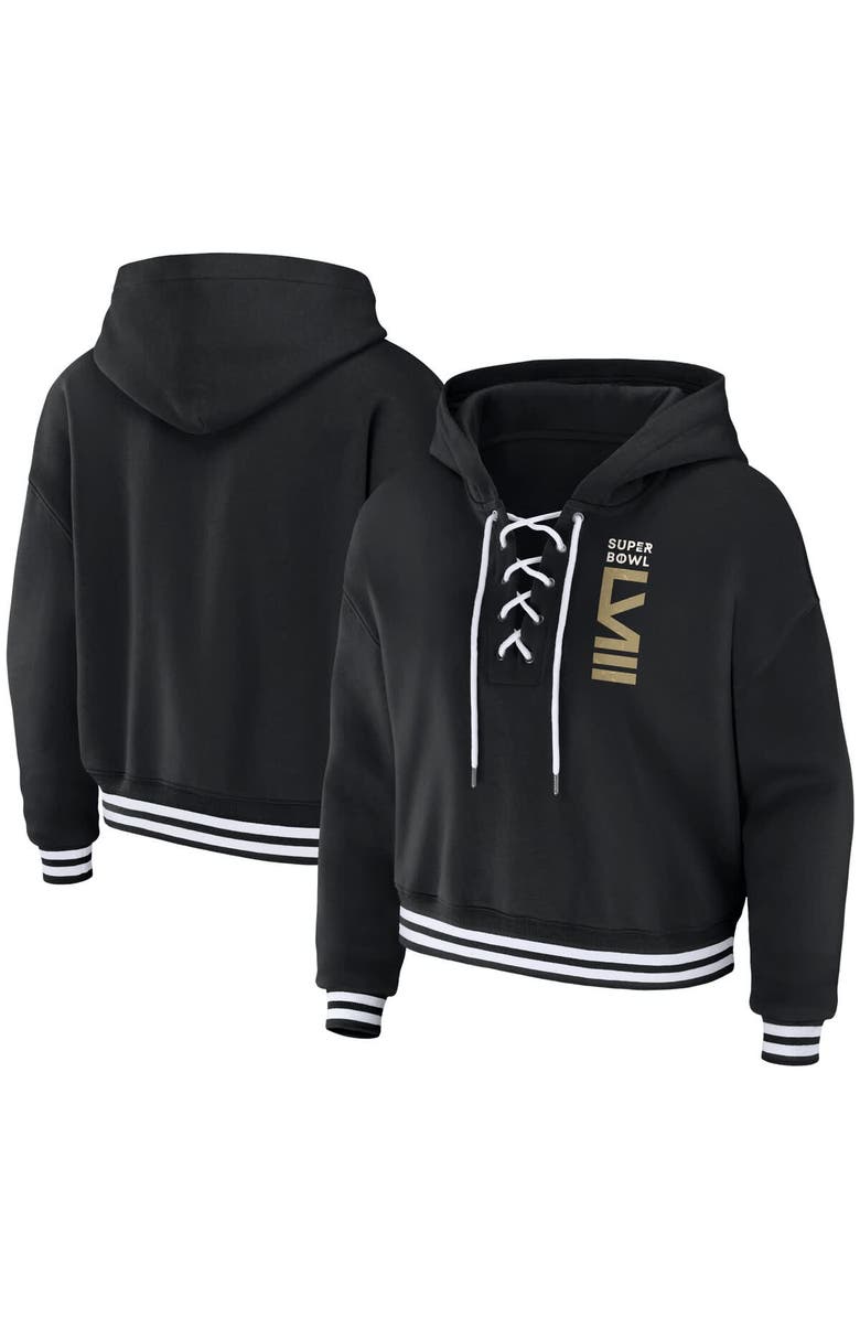 WEAR by Erin Andrews Women's WEAR by Erin Andrews Black Super Bowl LVIII Lace-Up Pullover Hoodie, Alternate, color, 