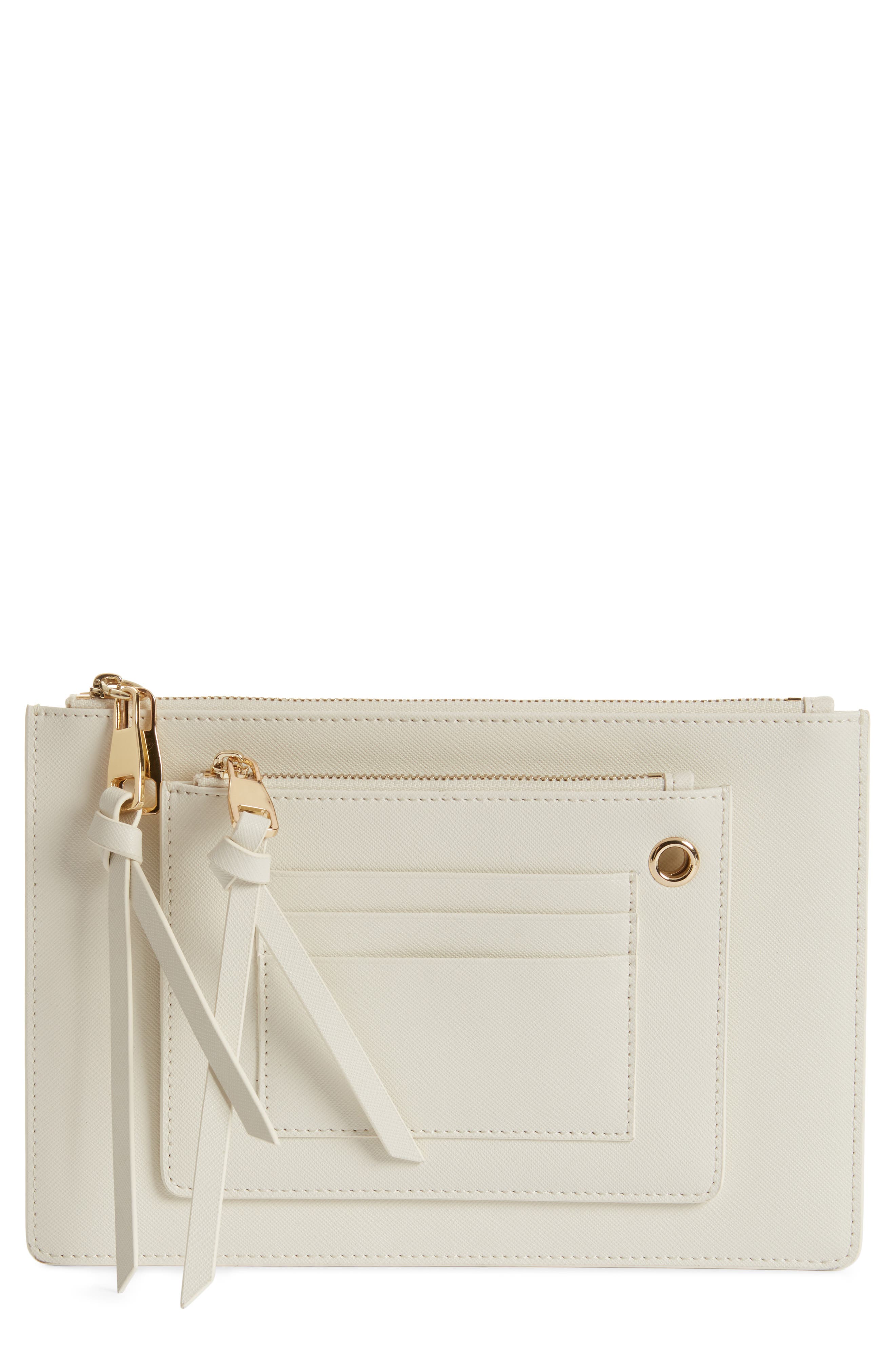 x Jill Jacobs Saffiano Leather Zip Pouch, Main, color, STONE